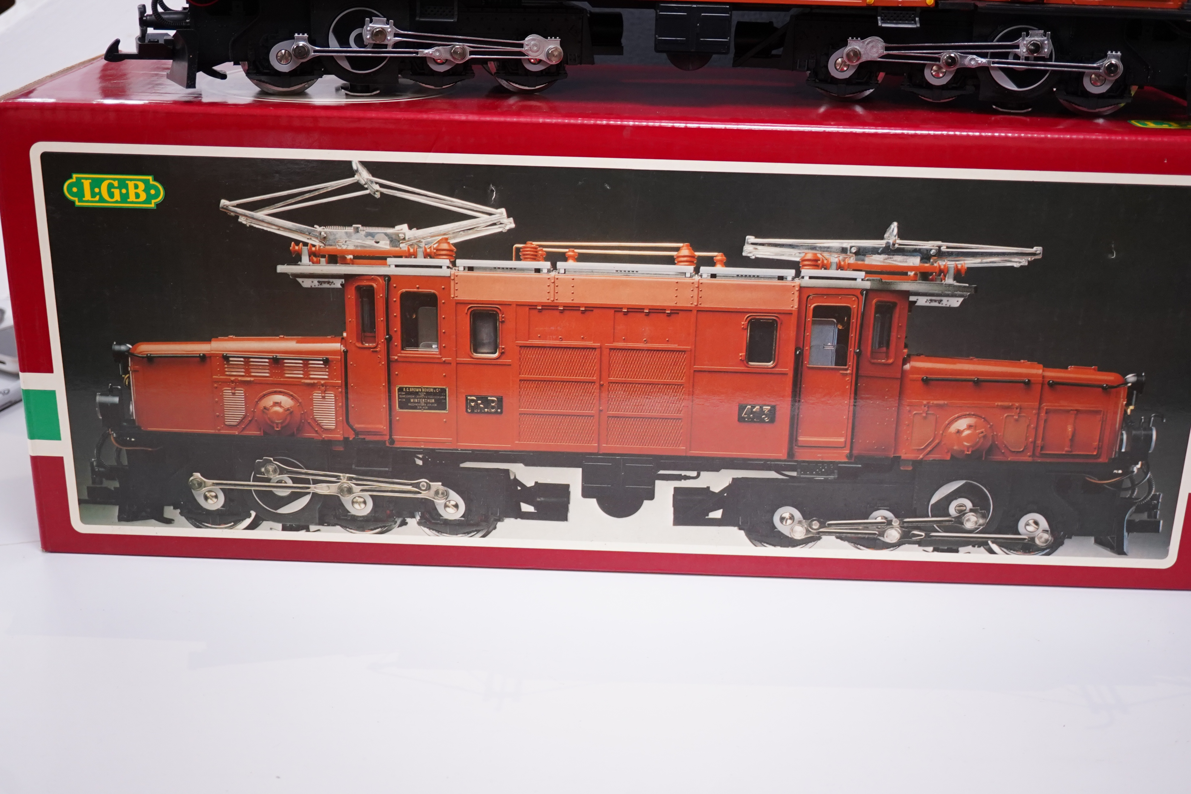 A boxed Lehman LGB (2040) G scale railway RhB Crocodile electric pantograph locomotive, 413, in brown livery. Condition - good, evidence of very minor running wear only.